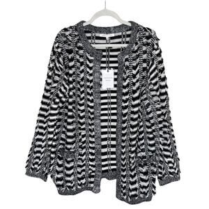 Endless Rose Open Front Striped Fringe Cardigan Sweater Size M/L Black White